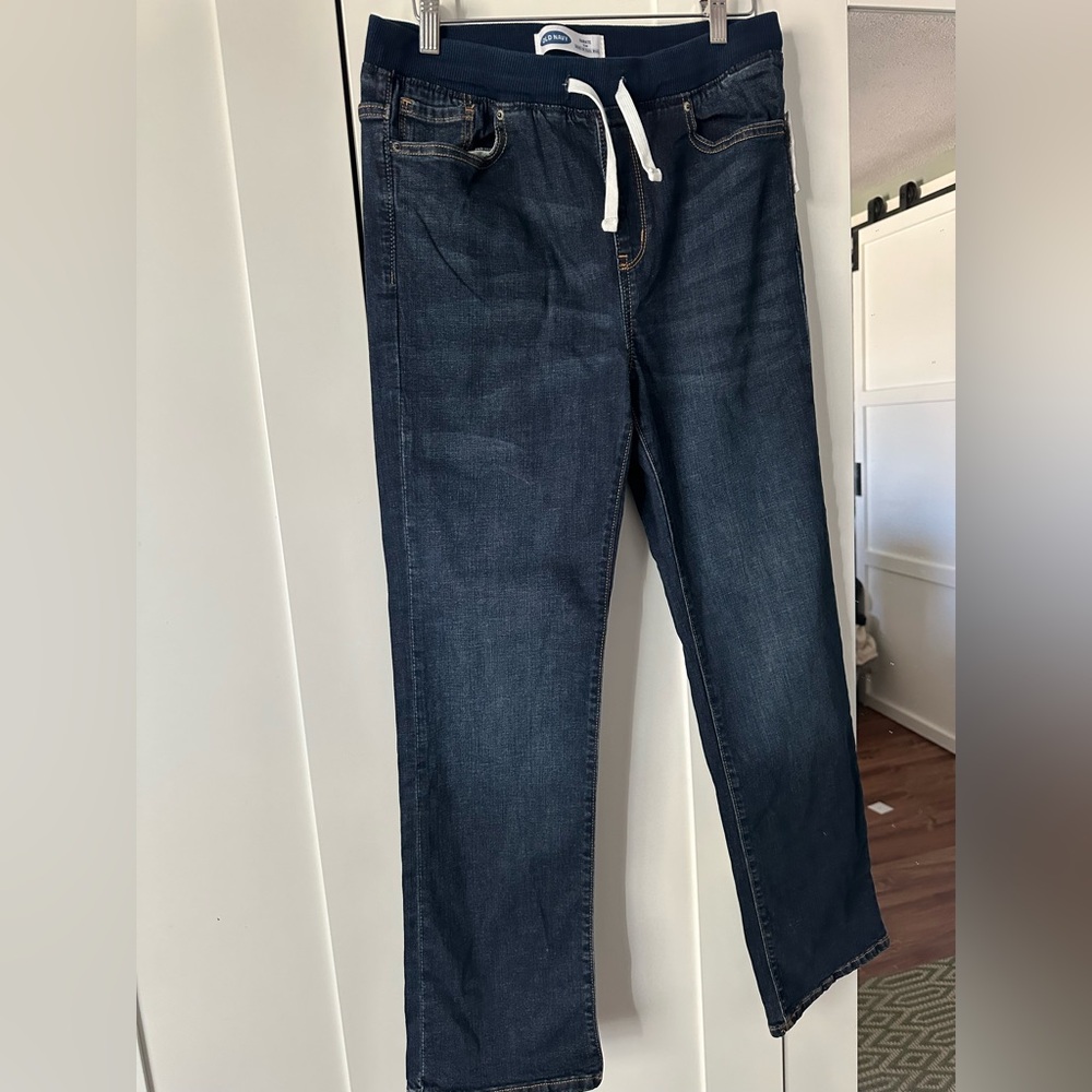 Old Navy Boys Dark Wash Denim Jeans with White Drawstring Elastic Waist XL Husky